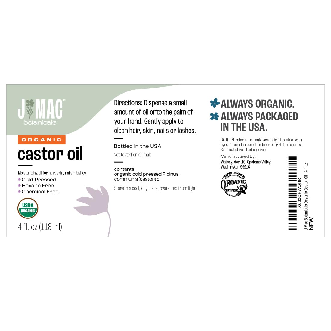 J MAC BOTANICALS Organic Castor Oil Cold Pressed (Glass Bottle, 4 oz ) J MAC BOTANICALSBuy Supplements Australia