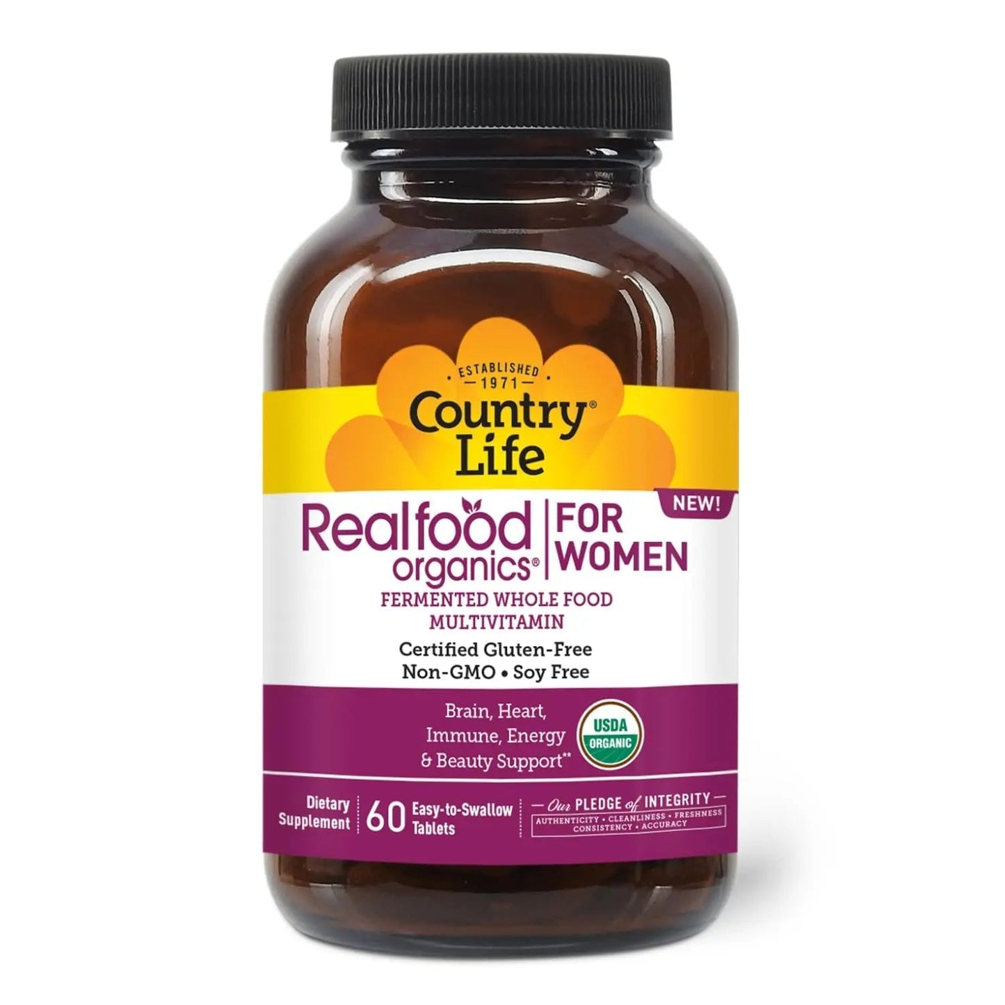 Country Life Realfood Organics Women’s Multivitamin – USDA Organic, Vegan, Gluten-Free – 1,300mg Fermented Whole Foods, Vitamins D, E, B, Folate & Biotin Country Life