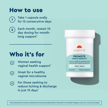 Uqora Promote - Support Vaginal Health* - Probiotic for Women with Lactoferrin, Lactobacillus Acidophilus & Lacticaseibacillus Rhamnosus - Vaginal Probiotics - Gluten-Free - 15 Capsules UqoraBuy Supplements Australia