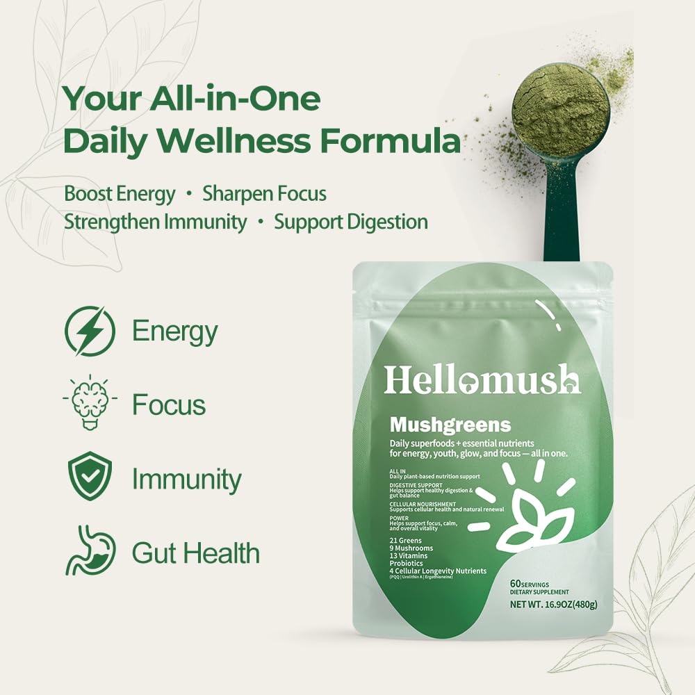 Hellomush Super Greens Powder Superfood, Daily Green Powder Supplement with Probiotics Drink Mix for Men & Women, Blend of Greens, Mushrooms, Vitamins, Probiotics and Cellular Nutrients HellomushBuy Supplements Australia