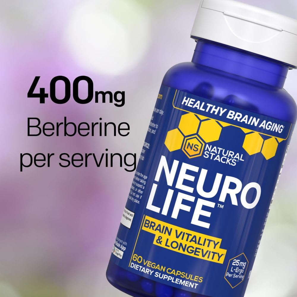 NeuroLife Longevity Supplement - 500mg Taurine & 400mg Berberine Supplement - Clinically Tested MitoPrime L-Ergothioneine - Brain Support for Cognitive Vitality - 60 Berberine Capsules NATURAL STACKSBuy Supplements Australia
