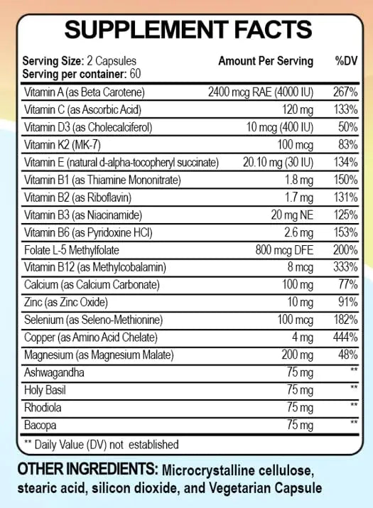 Raise Them Well Mom Multi+ Daily Multivitamin for Women with Active Folate, Adaptogens & Bacopa, Energy, Stress & Cognitive Support, 120 Veggie Capsules Raise Them Well