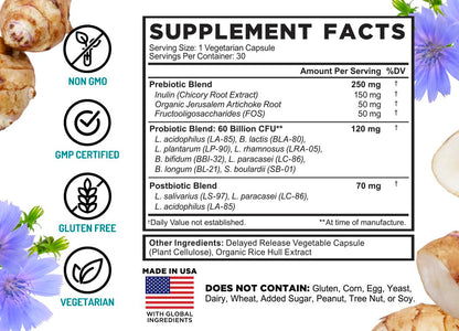 FarmHaven 60 Billion CFU Probiotic - 8 Probiotic Strains - Prebiotics & Postbiotics - Supports Digestive & Immune Health - Delayed Release - Shelf Stable -