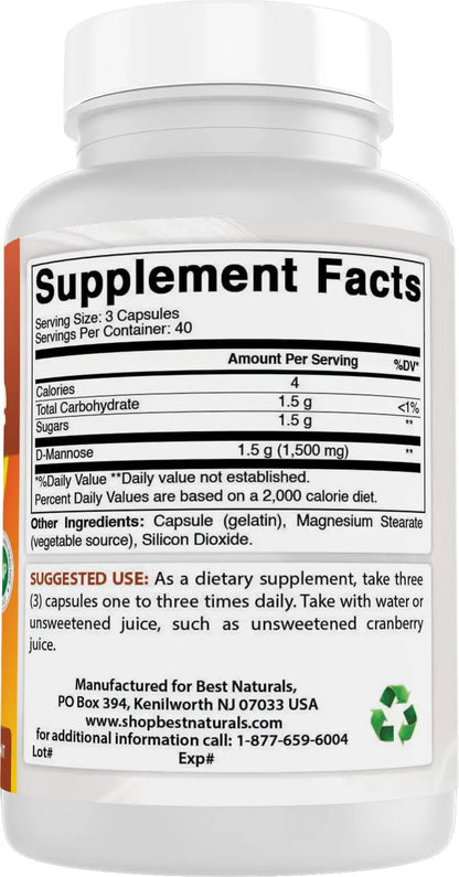 Best Naturals D-Mannose Capsules - Urinary Tract Cleanse Supplement 1500mg/Serving - 120 Count Best NaturalsBuy Supplements Australia