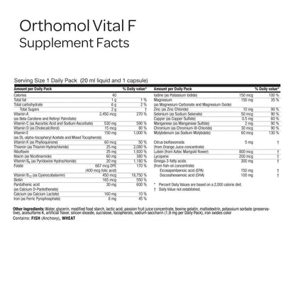 Orthomol Vital F Vial, Women's Multivitamin, 7-Day Supply, Vitamins A, B, C, D, E, K, Calcium, Iodine, Omega-3 Orthomol
