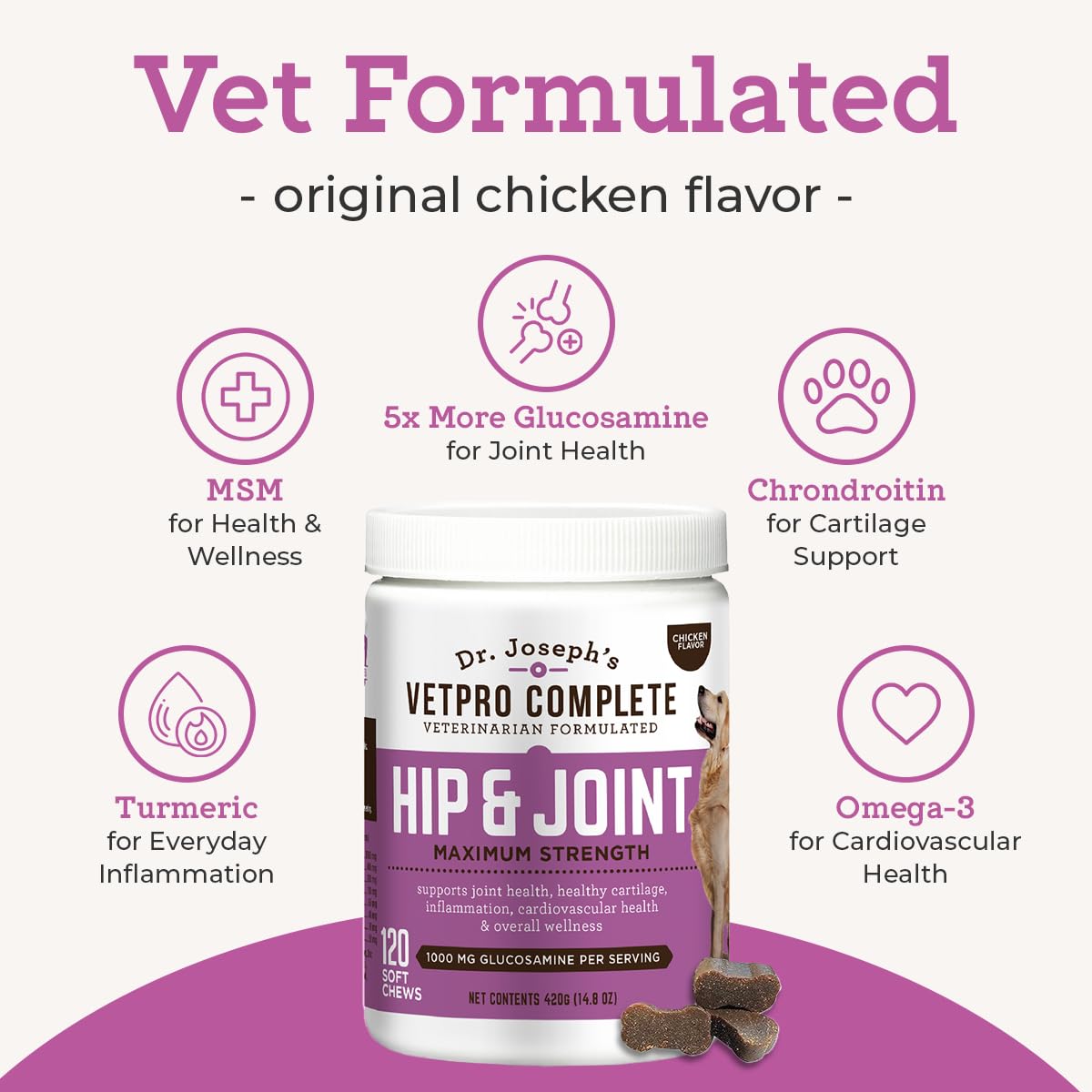 Dr. Joseph's VetPro Complete Dog Hip & Joint Supplement for Arthritis Pain Relief – High-Strength Glucosamine & Chondroitin Chews for Senior Dogs – Vet Formulated Daily Treats, Chicken Flavor, 120 Ct VetPro CompleteBuy Supplements Australia