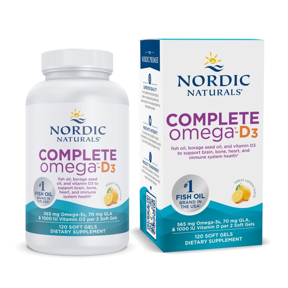 Nordic Naturals Complete Omega-D3, Lemon Flavor - 120 Soft Gels - 565 mg Omega-3 + 70 mg GLA + 1000 IU Vitamin D3 - EPA & DHA - Healthy Skin, Cognition, Positive Mood - Non-GMO - 60 Servings Nordic NaturalsBuy Supplements Australia