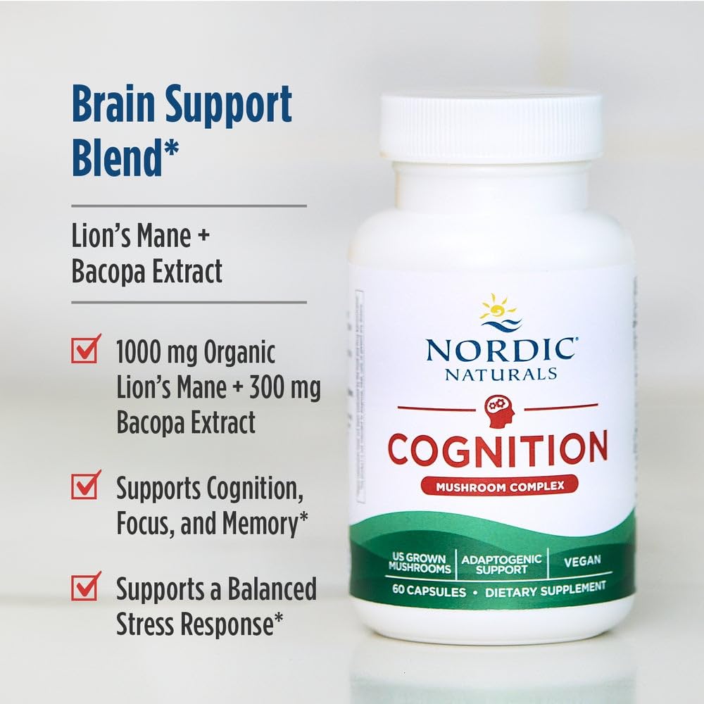 Nordic Naturals Cognition Mushroom Complex, Unflavored - 60 Capsules - Brain, Memory & Mood Support - Blend of Lion’s Mane Mushroom & Bacopa Extract - Non-GMO - Certified Vegan - 30 Servings Nordic NaturalsBuy Supplements Australia