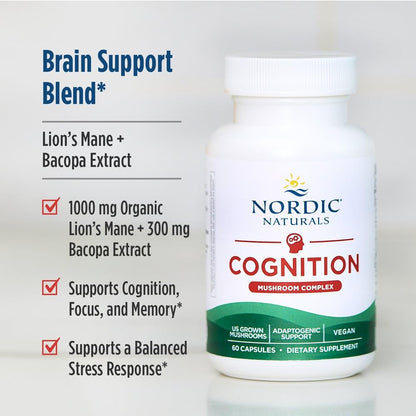 Nordic Naturals Cognition Mushroom Complex, Unflavored - 60 Capsules - Brain, Memory & Mood Support - Blend of Lion’s Mane Mushroom & Bacopa Extract - Non-GMO - Certified Vegan - 30 Servings Nordic NaturalsBuy Supplements Australia