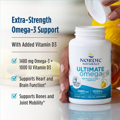 Nordic Naturals Ultimate Omega Xtra, Lemon Flavor - 60 Soft Gels - 1480 mg Omega-3 + 1000 IU Vitamin D3 - EPA & DHA - Brain, Heart, & Immune Health - 30 Servings Nordic NaturalsBuy Supplements Australia