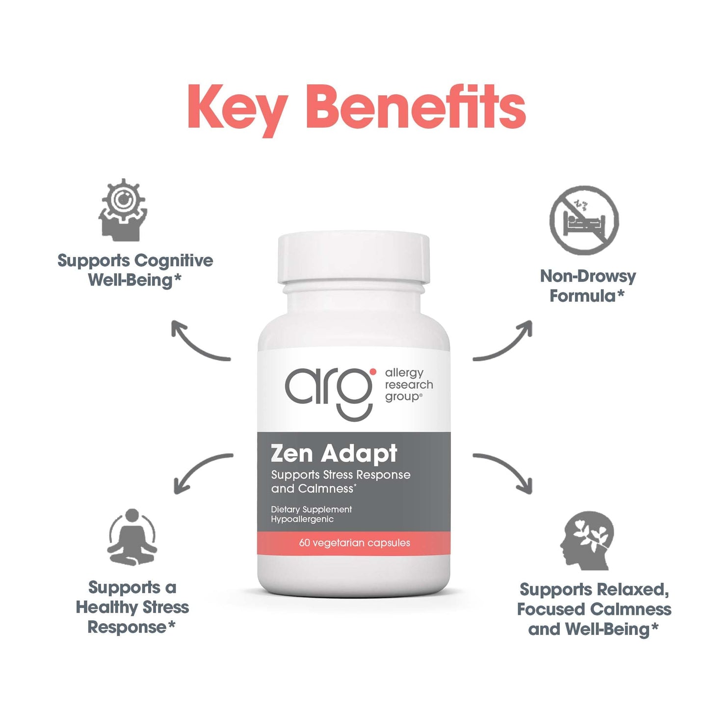 ARG Zen Adapt - 200 mg L-Theanine, 125 mg Ashwagandha & 550 mg GABA - Supports Stress Response and Calmness - Vegetarian Capsules - Hypoallergenic Formula - 30 Servings - 60 Capsules Allergy Research GroupBuy Supplements Australia