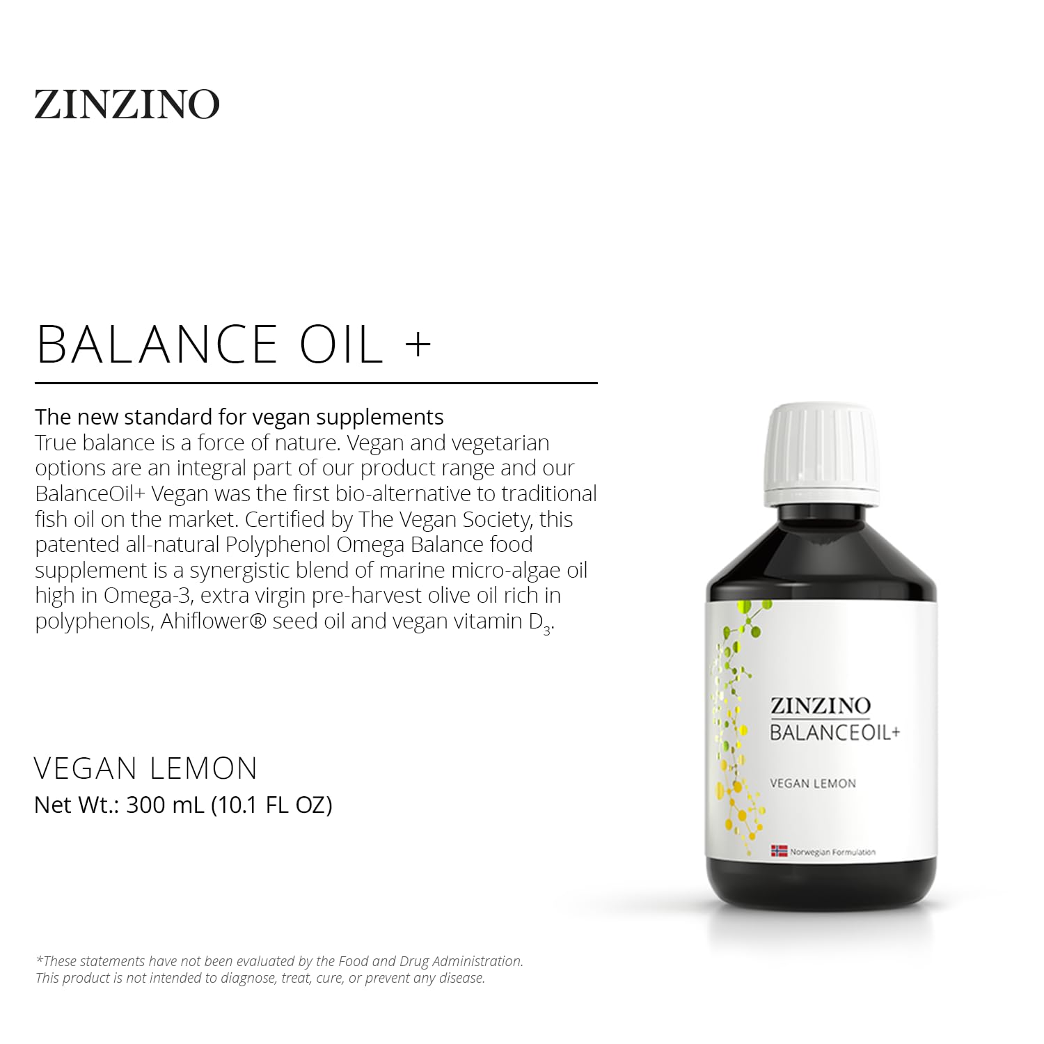 Zinzino - BalanceOil+ Vegan Lemon, Synergistic Blend with Marine Micro-Algae, Olive Oil, Ahiflower Seed Oil, Vegan Vitamin D3-300 ml ZINZINOBuy Supplements Australia