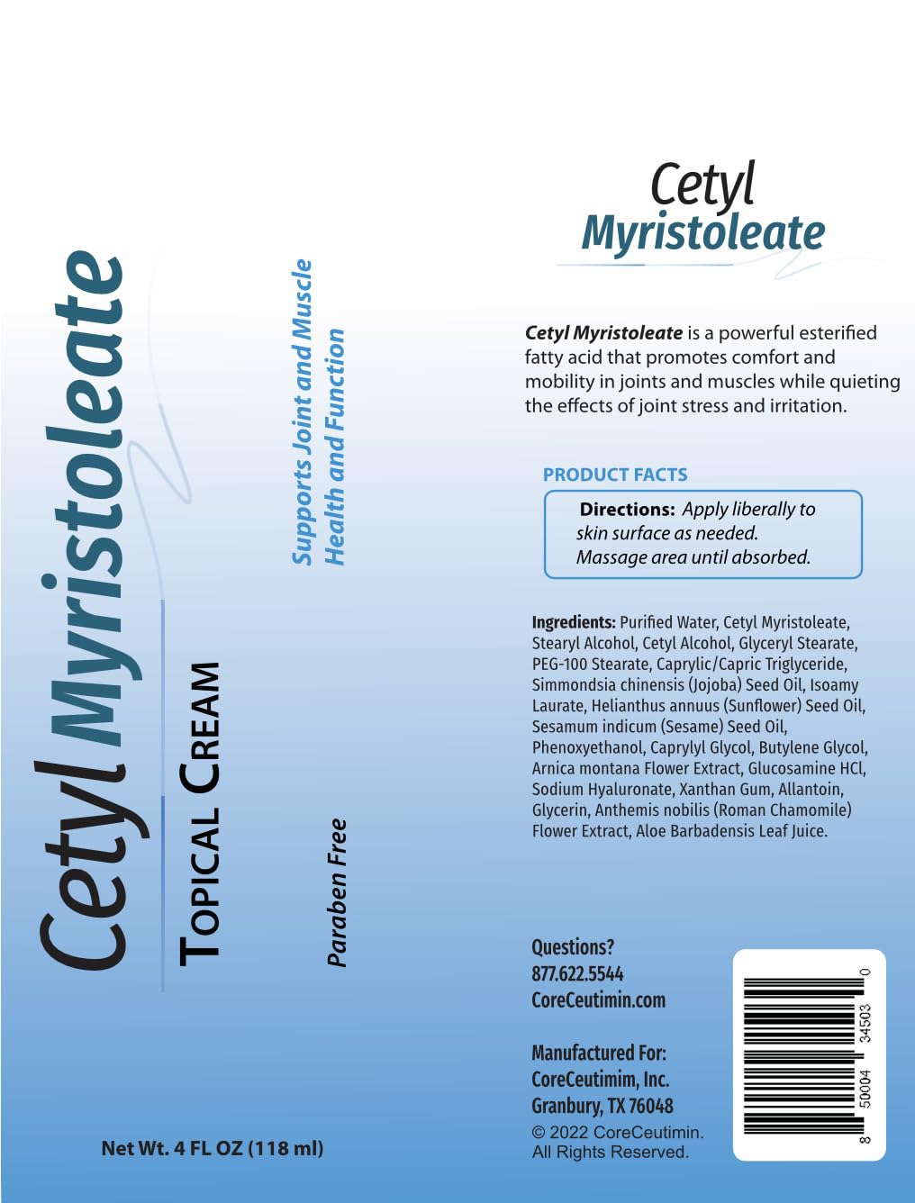 Cetyl Myristoleate Topical Cream Omega 5 Fatty Acid - Helps Reduce Joint and Muscle Discomfort - Includes Arnica, Glucosamine, Aloe,Jojoba, Sunflower & Sesame Seed Oil - 4oz. by Coreceutimin CoreCeutiminBuy Supplements Australia