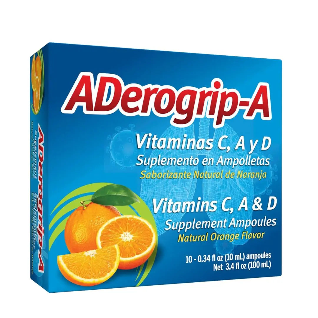 Aderogripa Immune Support Vitamins C, A & D | Liquid Supplement | 10 Natural Orange Flavor Ampoules | Boost Your Immune System ADEROGRIP-A
