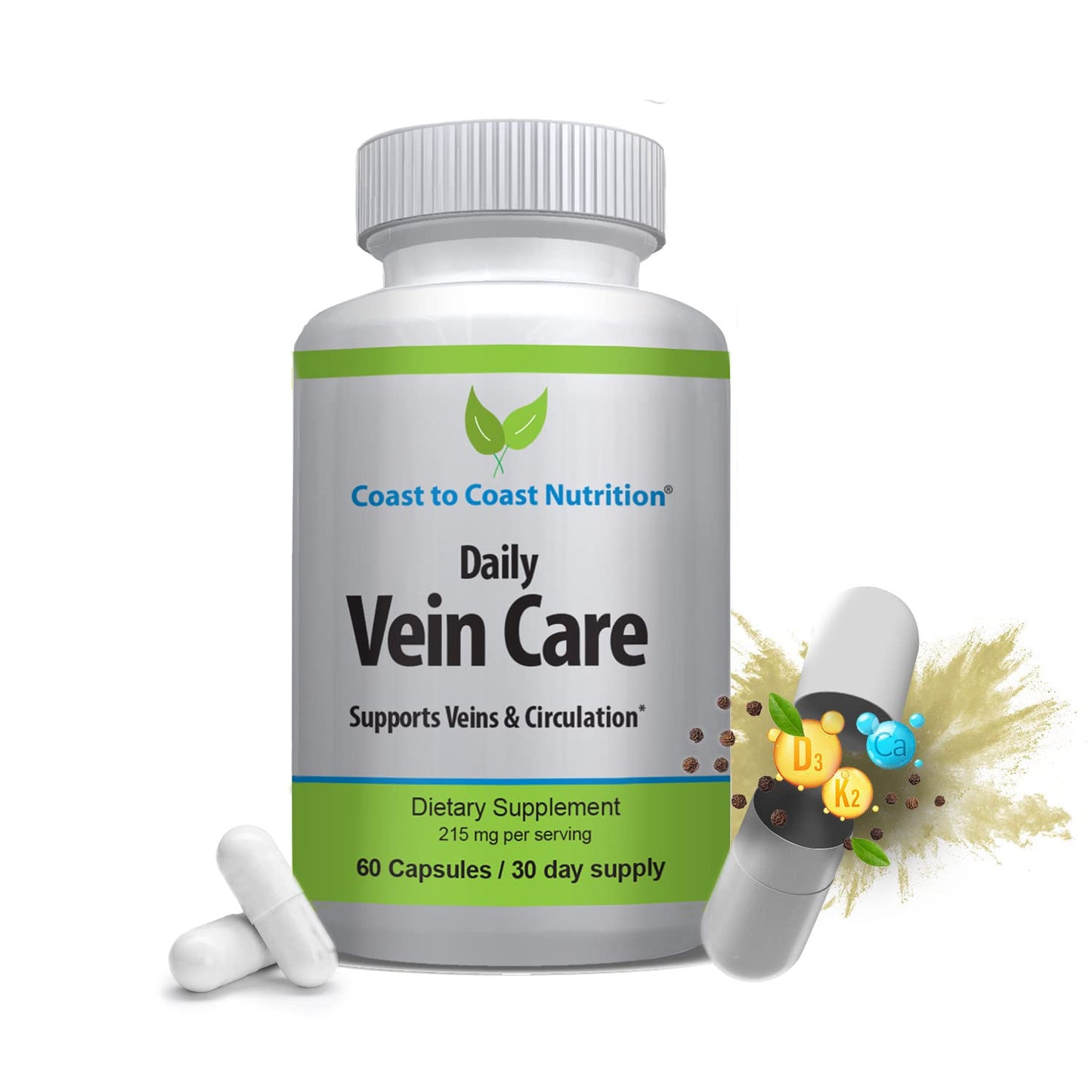 Coast to Coast Nutrition Daily Vein Care Supplement Capsules — Circulation Formula with a Natural Blend of Calcium, Vitamin D3, Vitamin K2 Plus BioPerine for Max Absorption Vein Formula — 60 Capsules Coast to Coast NutritionBuy Supplements Australia