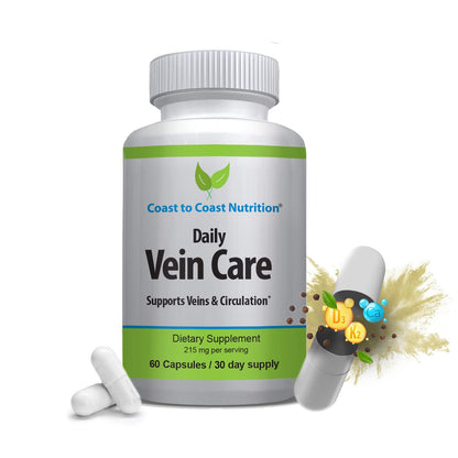 Coast to Coast Nutrition Daily Vein Care Supplement Capsules — Circulation Formula with a Natural Blend of Calcium, Vitamin D3, Vitamin K2 Plus BioPerine for Max Absorption Vein Formula — 60 Capsules Coast to Coast NutritionBuy Supplements Australia
