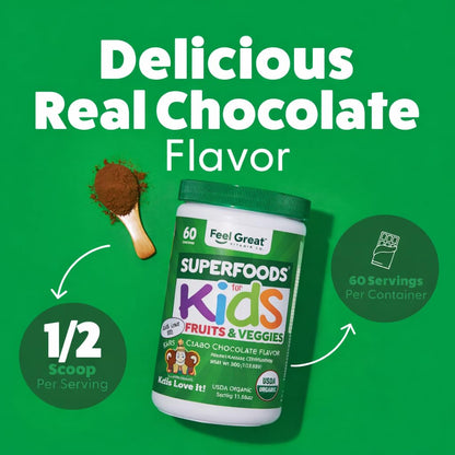 Feel Great USDA Organic Super Greens Powder for Kids - Cocao Chocolate | Fruit & Veggie Supplement | Superfood Powder with Probiotics & Digestive Enzymes for Digestive Health | 60 Days Supply The Feel Great Vitamin CompanyBuy Supplements Australia