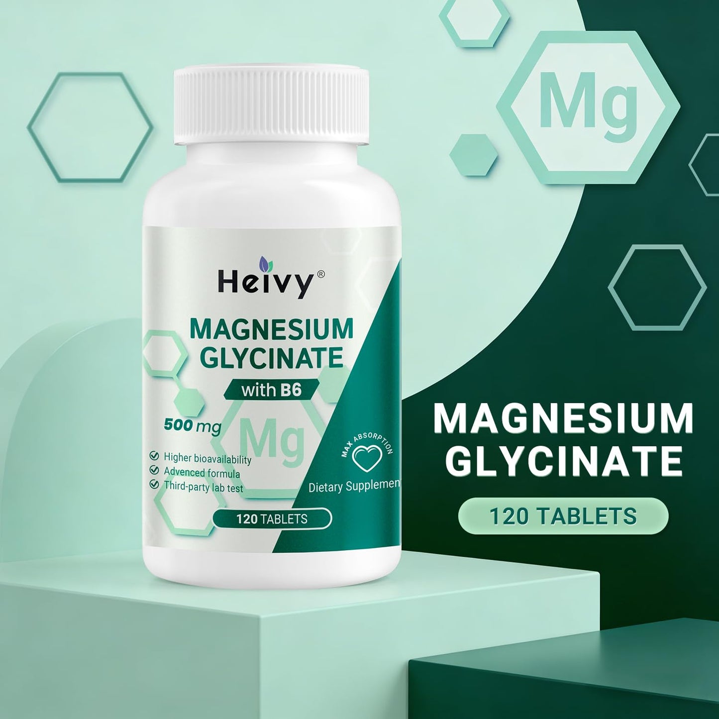 Heivy Pure Magnesium Glycinate 500mg with Vitamin B6, 100% Chelated & Purified Supports Nerve Relife, Sleep Aid & Muscle Support, Vegan & Non-GMO, Made in USA, 3rd Party Tested, 120 Tablets HeivyBuy Supplements Australia