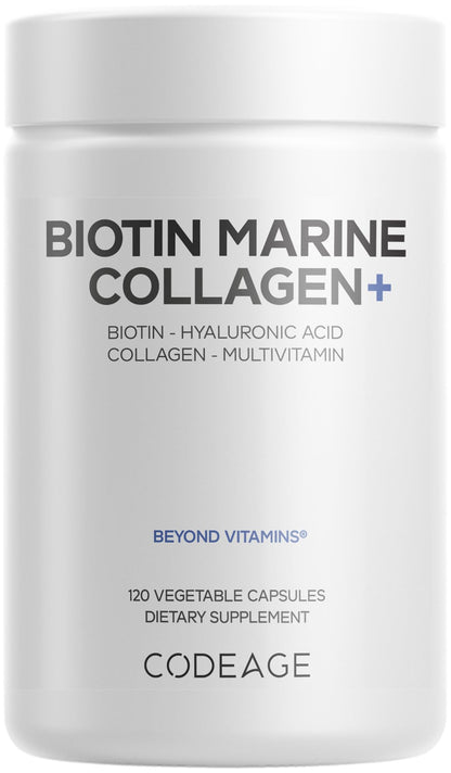 Codeage Biotin Marine Collagen Peptides - Wild-Caught Marine Collagen Types I & III, Biotin, Vitamins C & E, Hyaluronic Acid, Amino Acids, Fruit and Herb Blend, Non-GMO - 120 Capsules CodeageBuy Supplements Australia