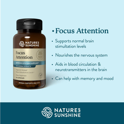 Nature's Sunshine Focus Attention, 90 Capsules, Provides Nutrients That Help Maintain Normal Brain-Stimulation Levels While Supporting Blood Circulation and Neurotransmitter Levels in The Brain Nature's SunshineBuy Supplements Australia