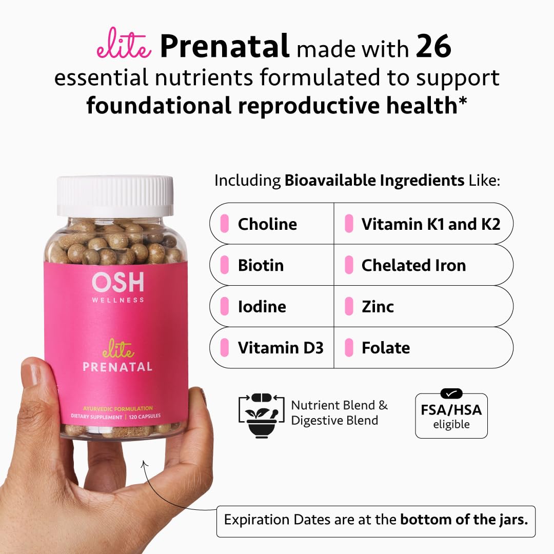 Ayurvedic Elite Prenatal Vitamins with Folate, Choline, Iron, Iodine & more | Made in USA | Optimal Bioavailability | Supports Baby's Growth and Brain Development | 30 Day Supply - OSH Wellness Freshly MomsBuy Supplements Australia