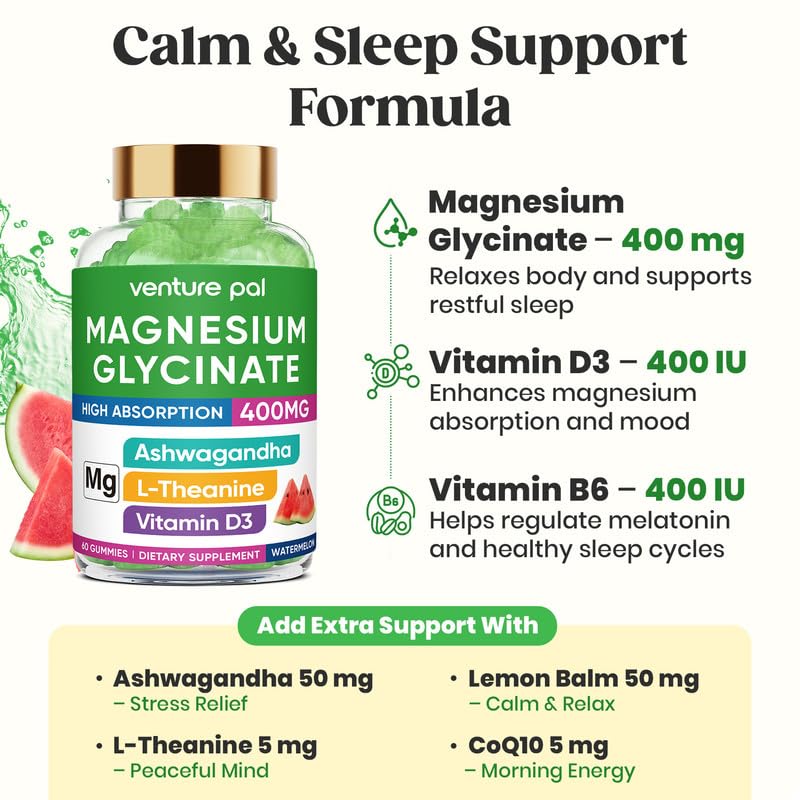 60 Day Supply Magnesium Glycinate 400mg Gummies with Ashwagandha, L-Theanine, CoQ10, Vitamin D3 & B6, Sugar Free Magnesium Gummies for Adults & Kids, Stress Relief, Sleep & Calm, Vegan, Gluten Free Venture PalBuy Supplements Australia