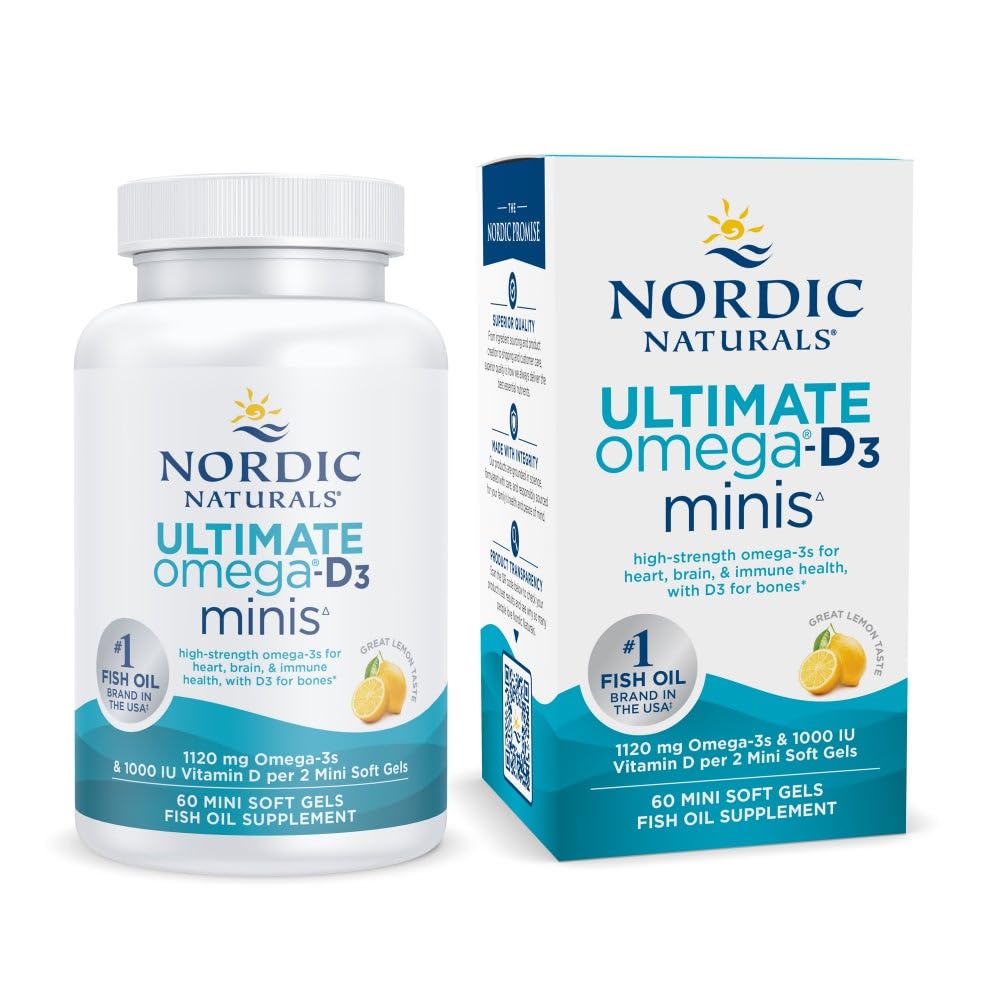 Nordic Naturals Ultimate Omega Mini D3, Lemon Flavor - 60 Mini Soft Gels - 1120 mg Omega-3 + 1000 IU Vitamin D3 - EPA & DHA - Promotes Brain & Heart Health - 30 Servings Nordic NaturalsBuy Supplements Australia