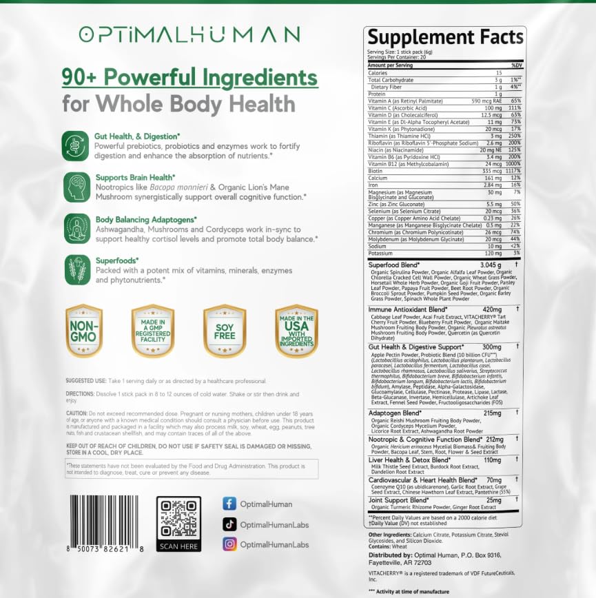 Optimal Human Superfood Greens Powder – 90+ Ingredient Blend with Lion’s Mane Supplement, Ashwagandha & Turmeric – Non-GMO, Soy-Free, Mushroom Supplements for Women – 20 Sachets O HBuy Supplements Australia