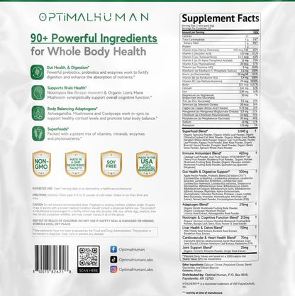 Optimal Human Superfood Greens Powder – 90+ Ingredient Blend with Lion’s Mane Supplement, Ashwagandha & Turmeric – Non-GMO, Soy-Free, Mushroom Supplements for Women – 20 Sachets O HBuy Supplements Australia