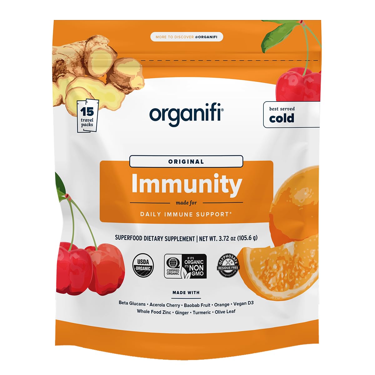 Organifi Immunity - Organic Superfood Immunity Support - 15 Single Serve Packets - Immunity Powder for T Cell Production and Upper Respiratory Health - Mushroom Beta Glucans, Vitamin C, D and Zinc OrganifiBuy Supplements Australia