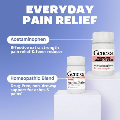 Genexa Adult Pain Relief Bundle | 500mg Acetaminophen Caplets + Homeopathic Arnica Chewables | Fast Relief for Headache, Joint & Muscle Pain | OTC + Homeopathic Combo | No Dyes or Artificial Additives GenexaBuy Supplements Australia