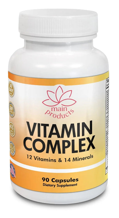 Vitamin Complex Multivitamins and Multiminerals - 12 Vitamins and 14 Minerals, Vitamin A C D3 E B1 B2 B3 B5 B6 B9 B12 H and Minerals Main Products