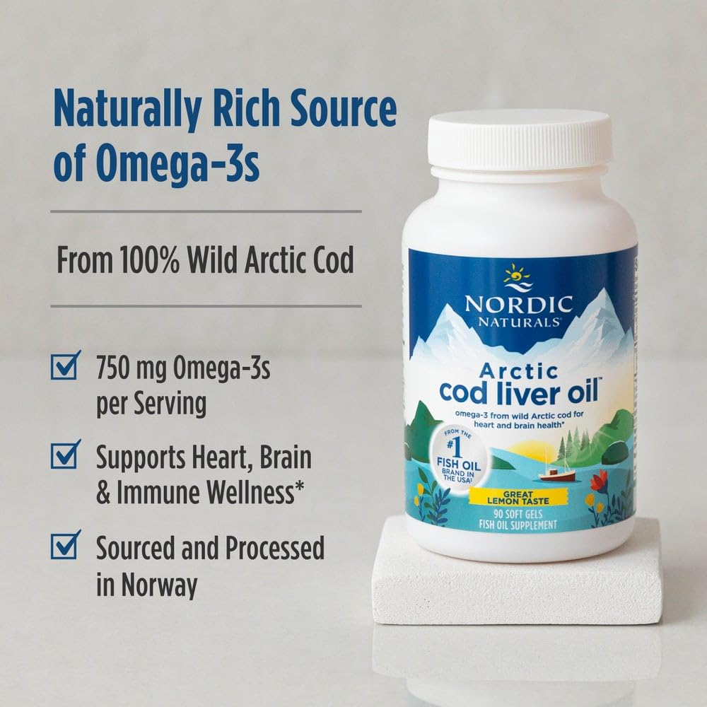 Nordic Naturals Arctic Cod Liver Oil, Lemon - 180 Soft Gels - 750 mg Total Omega-3s with EPA & DHA - Heart & Brain Health, Healthy Immunity