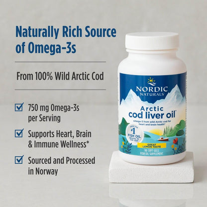 Nordic Naturals Arctic Cod Liver Oil, Lemon - 180 Soft Gels - 750 mg Total Omega-3s with EPA & DHA - Heart & Brain Health, Healthy Immunity