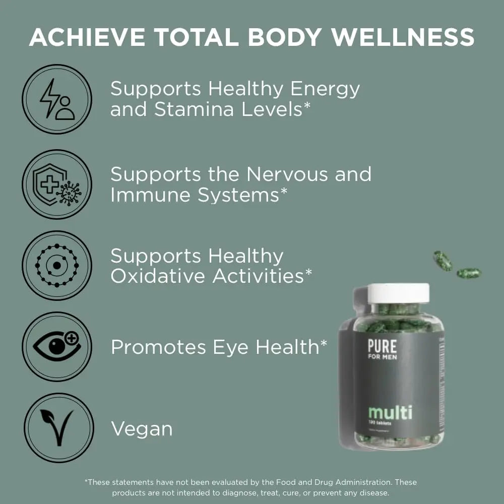 Pure for Men Multivitamin Supplement | Energy, Mood Support, Strong Bones, Antioxidants, Minerals | Vitamins A, B, C, D, Magnesium, Calcium | Pure for MenBuy Supplements Australia