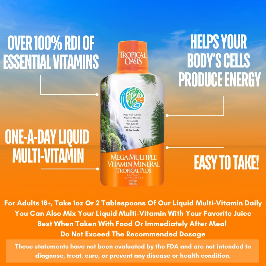Tropical Oasis Mega Plus - Liquid Multivitamin and Mineral Supplement – Includes 85 Vitamins & Minerals, 20 Amino Acids + CoQ10, Grape Seed Extract & Organic Aloe Vera - 32oz, 32 Servings, 33460 Tropical OasisBuy Supplements Australia