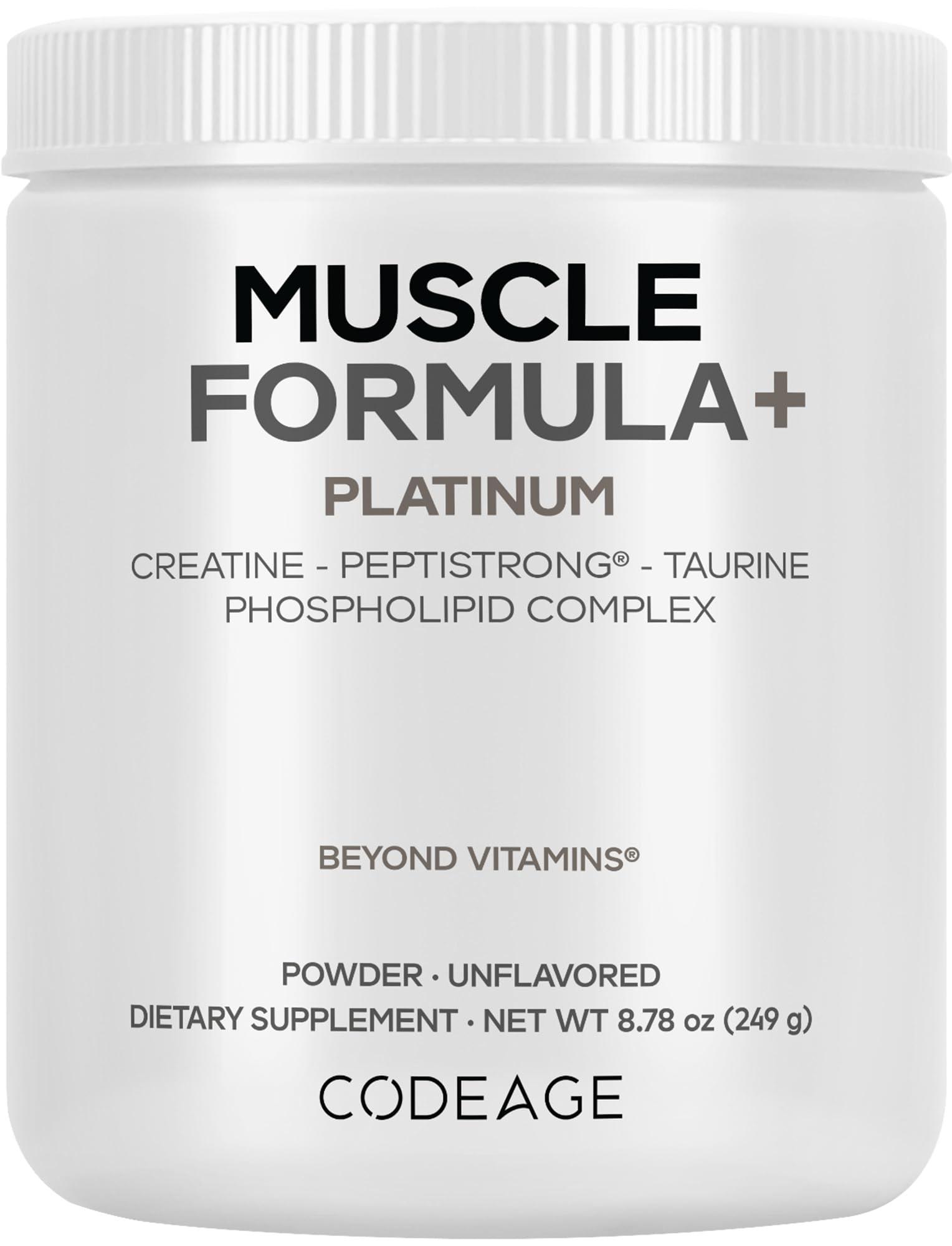 Codeage Muscle Formula+ Platinum Supplement - Creatine Monohydrate, PeptiStrong Fava Bean Protein Hydrolysate, Taurine, Vitamin D3, Liposomal Delivery - Non-GMO - Unflavored Protein Powder - 8.78 Oz CodeageBuy Supplements Australia