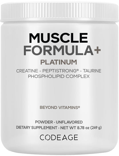 Codeage Muscle Formula+ Platinum Supplement - Creatine Monohydrate, PeptiStrong Fava Bean Protein Hydrolysate, Taurine, Vitamin D3, Liposomal Delivery - Non-GMO - Unflavored Protein Powder - 8.78 Oz CodeageBuy Supplements Australia