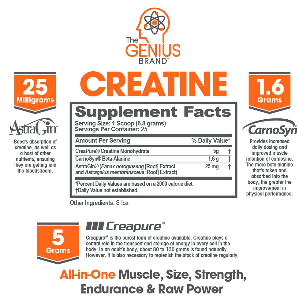 Genius Pre Workout Powder, Sour Apple, and Genius Micronized Creatine Monohydrate Powder, Unflavored, All Natural Nootropic Pre Workout and Post Workout Supplement Stack