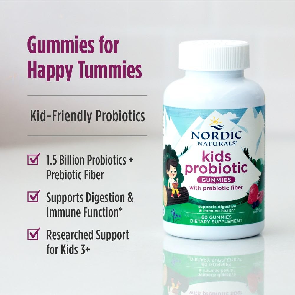 Nordic Naturals Kids Nordic Flora Probiotic Gummies, Merry Berry Punch - 60 Gummies - 1.5 Billion CFU & Prebiotic Fiber