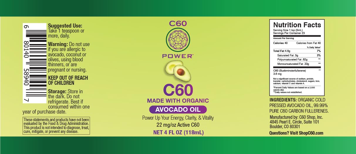 C60 Power C60 in Organic Avocado Oil - Natural Wellness & Antioxidant Support for Men & Women, 99.99% Pure Carbon Fullerenes, Promotes Energy, Mental Clarity, & Stamina - 4 fl oz Bottle C60 Purple PowerBuy Supplements Australia