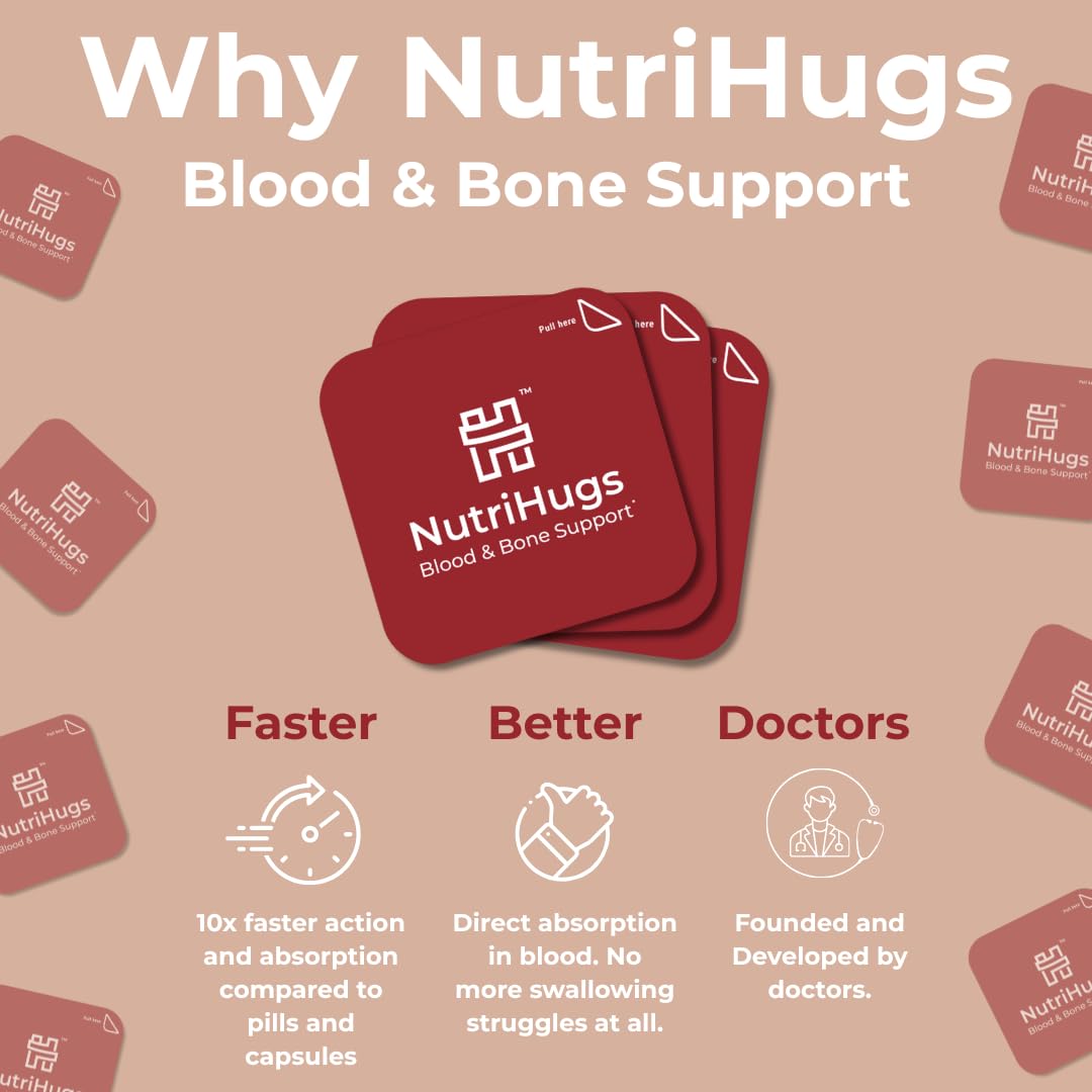 MedHugs NutriHugs Blood and Bone Support - Iron, Folate, Vitamin D3 and K2 - Fast-Dissolving Oral Thin Film Strips - Non-Constipating Iron - Vegan, Sugar-Free, Non-GMO - 30 Strips MedHugsBuy Supplements Australia