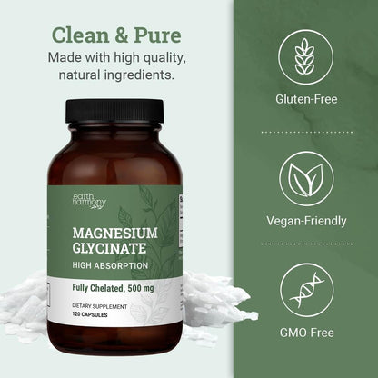 Pure Magnesium Glycinate 500mg - Chelated Magnesium Supplement, High Absorption Capsules for Sleep, Glicinato De Magnesio with Organic MCT Powder (120 Capsules) Earth Harmony NaturalsBuy Supplements Australia