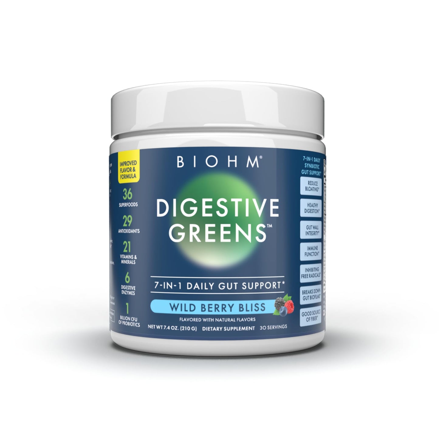 BIOHM Digestive Greens, Green Superfood Powder (7.4 Oz, 30 Servings) Immune & Gut Health Support with Antioxidants, Vitamins, Probiotics & Enzymes, Good Source of Fiber, Berry Flavor BIOHMBuy Supplements Australia