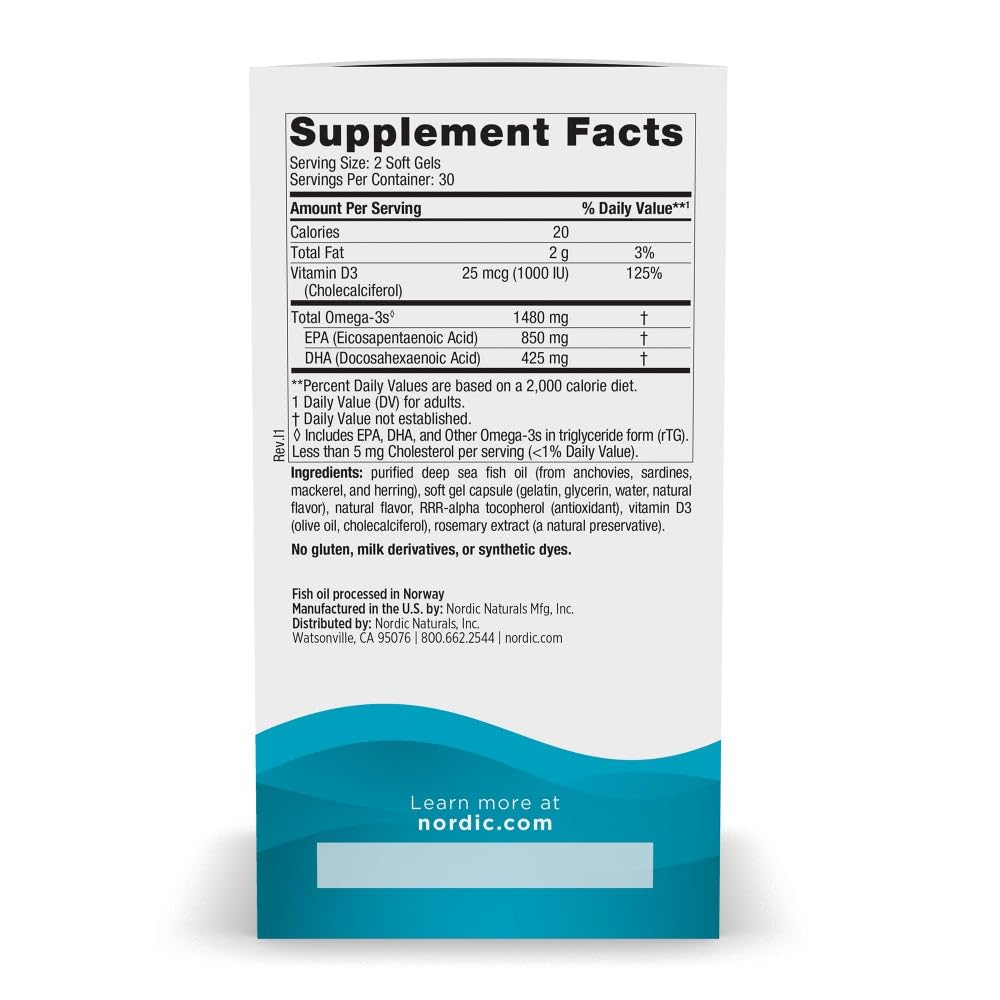 Nordic Naturals Ultimate Omega Xtra, Lemon Flavor - 60 Soft Gels - 1480 mg Omega-3 + 1000 IU Vitamin D3 - EPA & DHA - Brain, Heart, & Immune Health - 30 Servings Nordic NaturalsBuy Supplements Australia