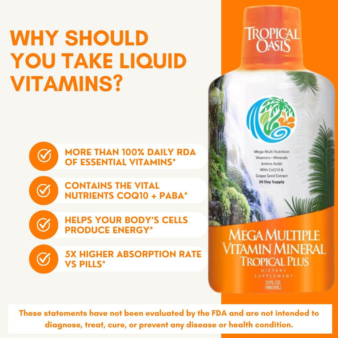 Tropical Oasis Mega Plus - Liquid Multivitamin and Mineral Supplement – Includes 85 Vitamins & Minerals, 20 Amino Acids + CoQ10, Grape Seed Extract & Organic Aloe Vera - 32oz, 32 Servings, 33460 Tropical OasisBuy Supplements Australia