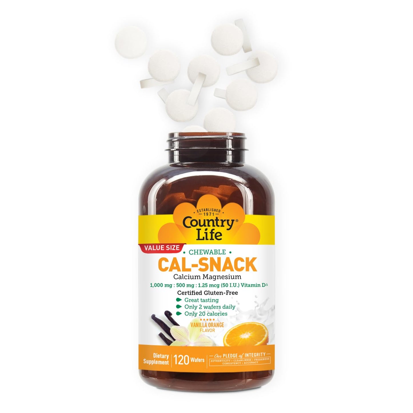 Country Life Cal-Snack - Chewable Calcium Magnesium Supplement wafers with Vitamin D3, Easy to Digest, Vanilla Orange Flavor, Dietary Supplement Country LifeBuy Supplements Australia