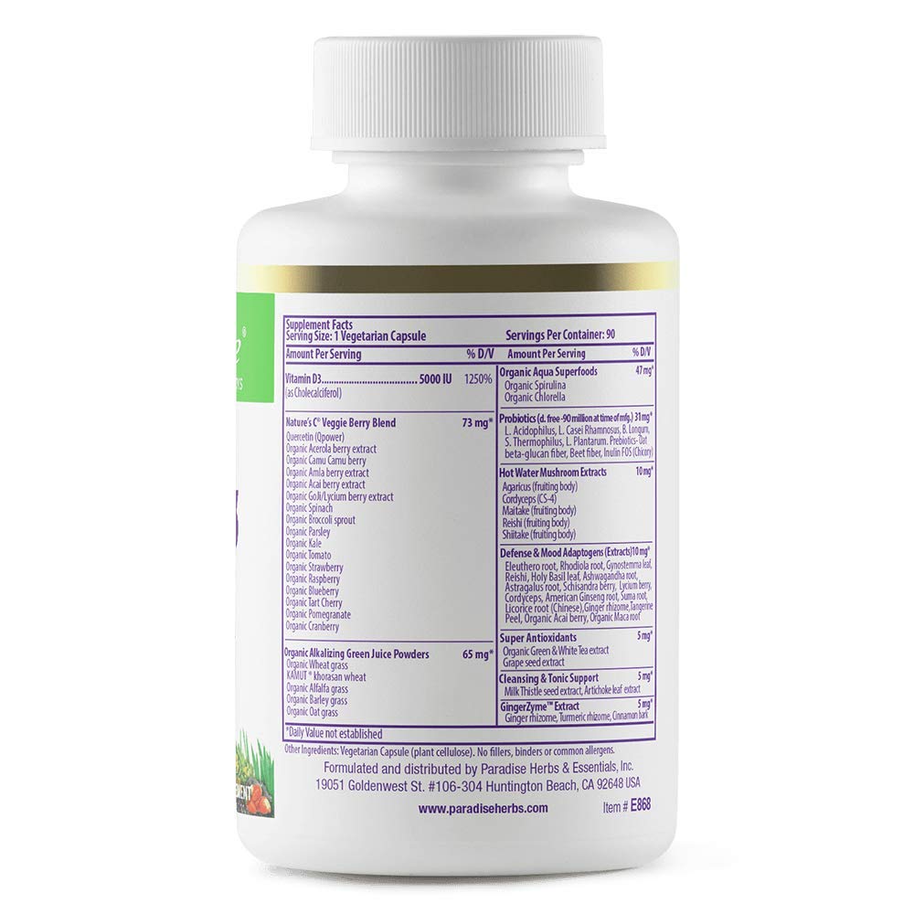 Paradise Herbs Earth's Blend Vitamin D3, Superfoods Base of Probiotics and Organic Alkalizing Greens, Veggies & Berries, 90 Vegetarian Capsules Paradise HerbsBuy Supplements Australia