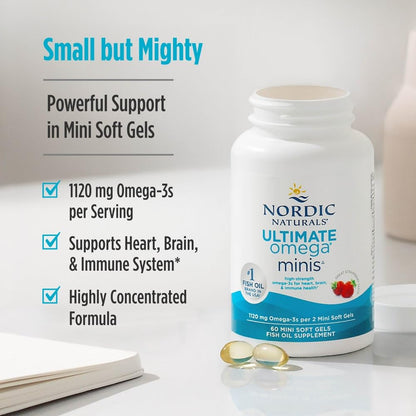 Nordic Naturals Ultimate Omega Minis, Strawberry Flavor - 60 Minis Soft Gels - 1120 mg Omega-3 - High-Potency Fish Oil Supplement - EPA & DHA - Promotes Brain & Heart Health - 30 Servings Nordic NaturalsBuy Supplements Australia