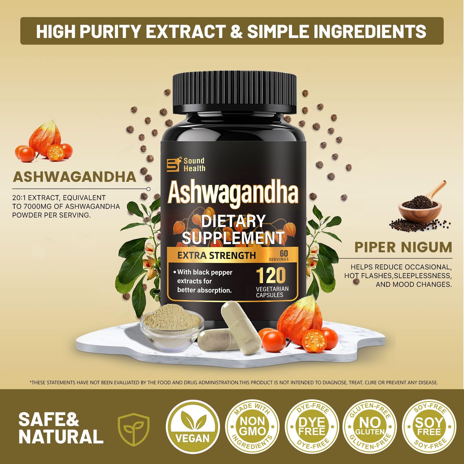 7000mg Ashwagandha Supplements Powder (20:1 Root Extract), 120 Organic Ashwagandha Capsules for Women & Men, Black Pepper & BioPerine for Absorption, Non GMO, Third-Party Tested, Gluten Free - Maple Wellness Supplements